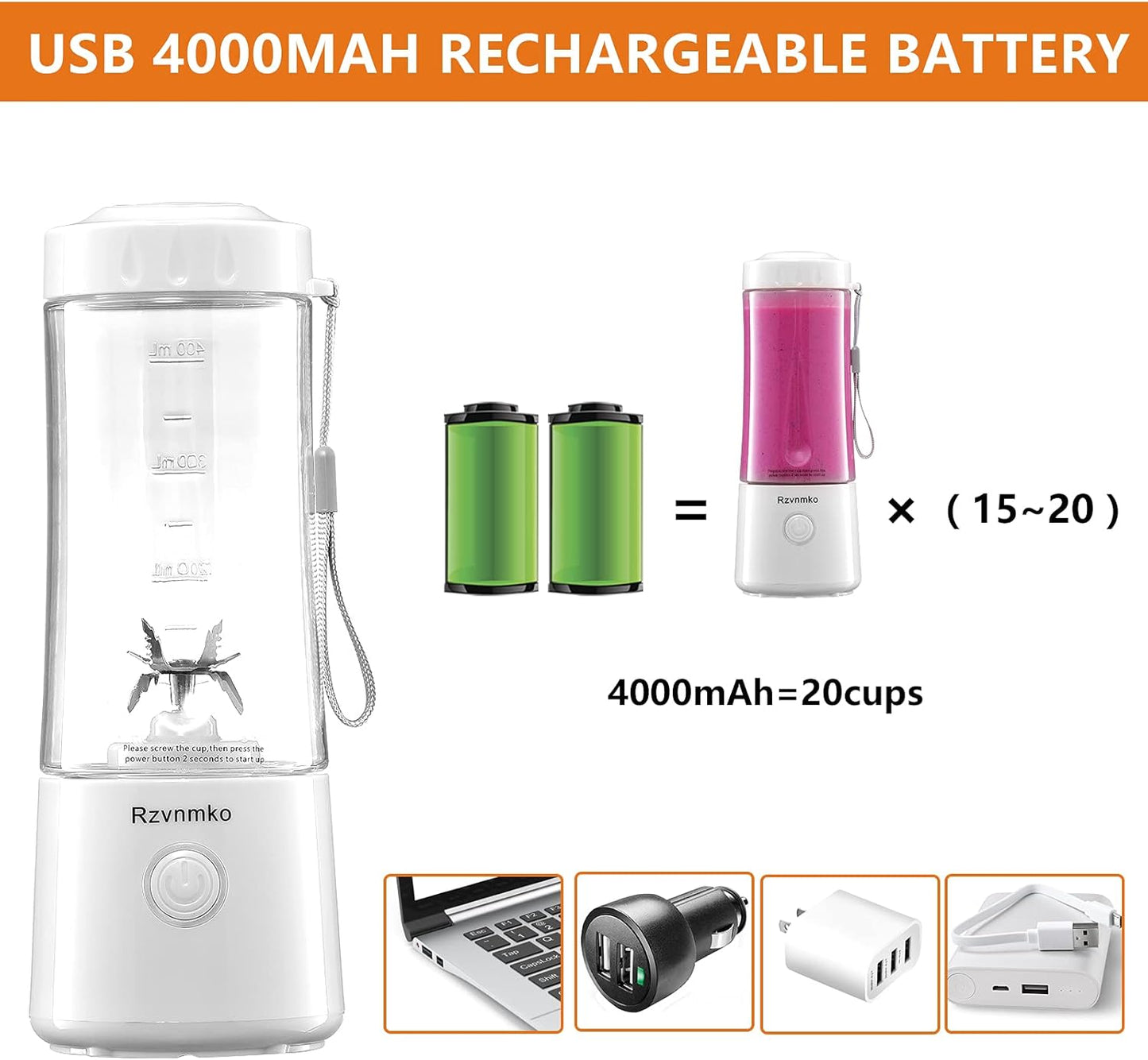 Portable Blender, Personal Size Blender Smoothie Maker Blender, Personal Smoothie Mixer, Usb Rechargeable Smoothie Blender (WHITE)